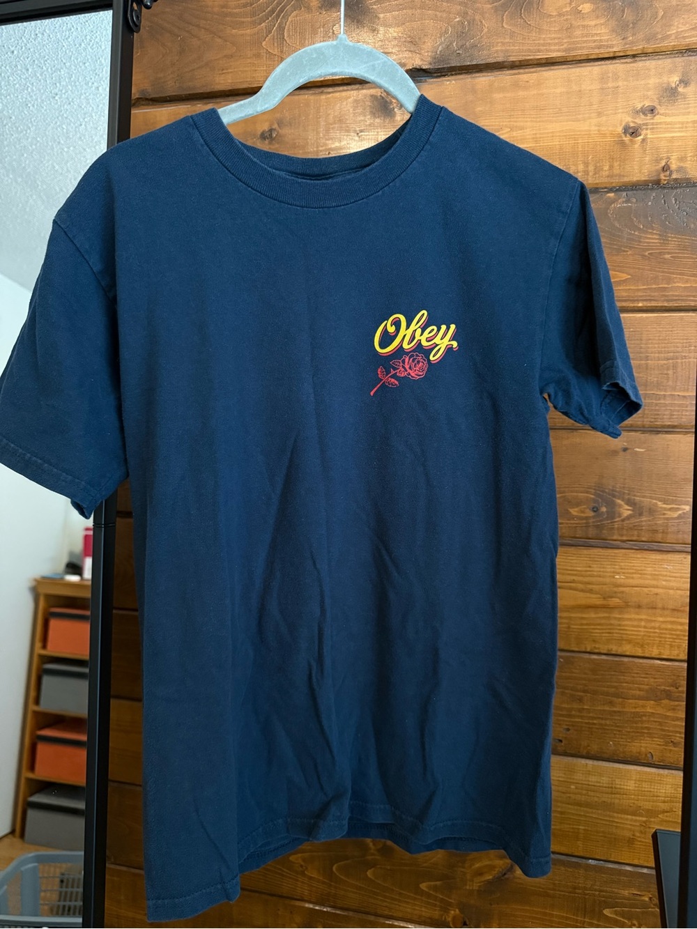 Obey Navy Short-Sleeve Tee with Yellow Script and Red Rose